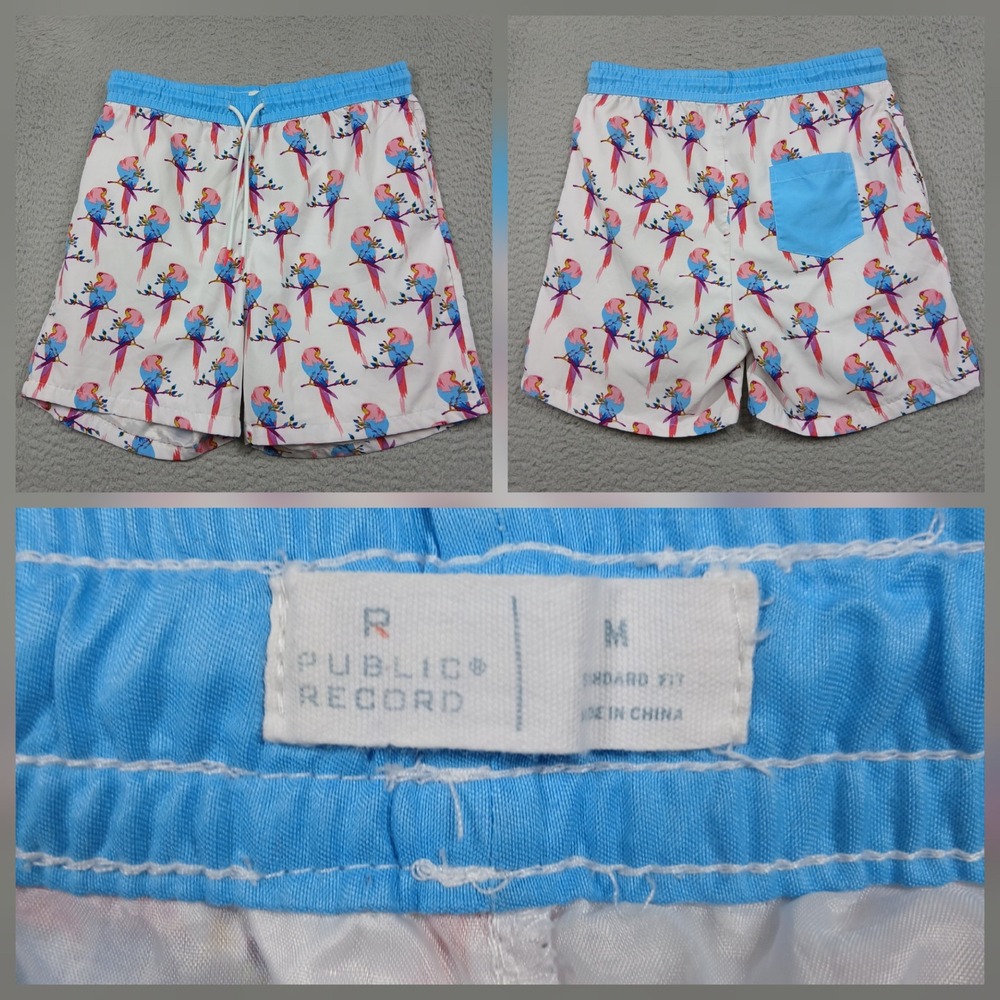 Public Record Swim Trunks Mens M Parrot Print Blue Waist Drawstring Lined